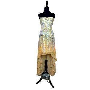 Guess blue yellow print over white strapless hi low cocktail dress size S